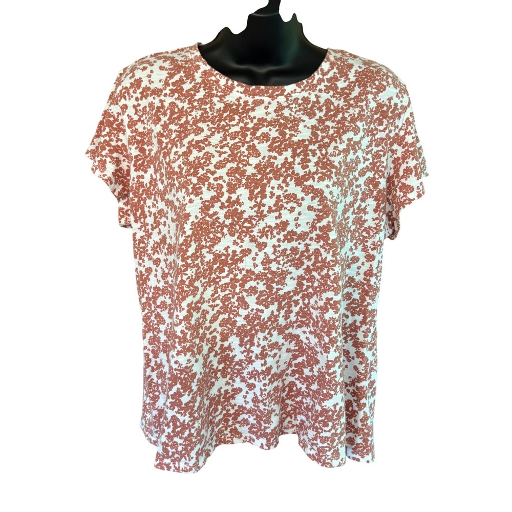 LC Lauren Conrad Womens XL Floral Print T-Shirt Terracotta Rust White Cotton Tee